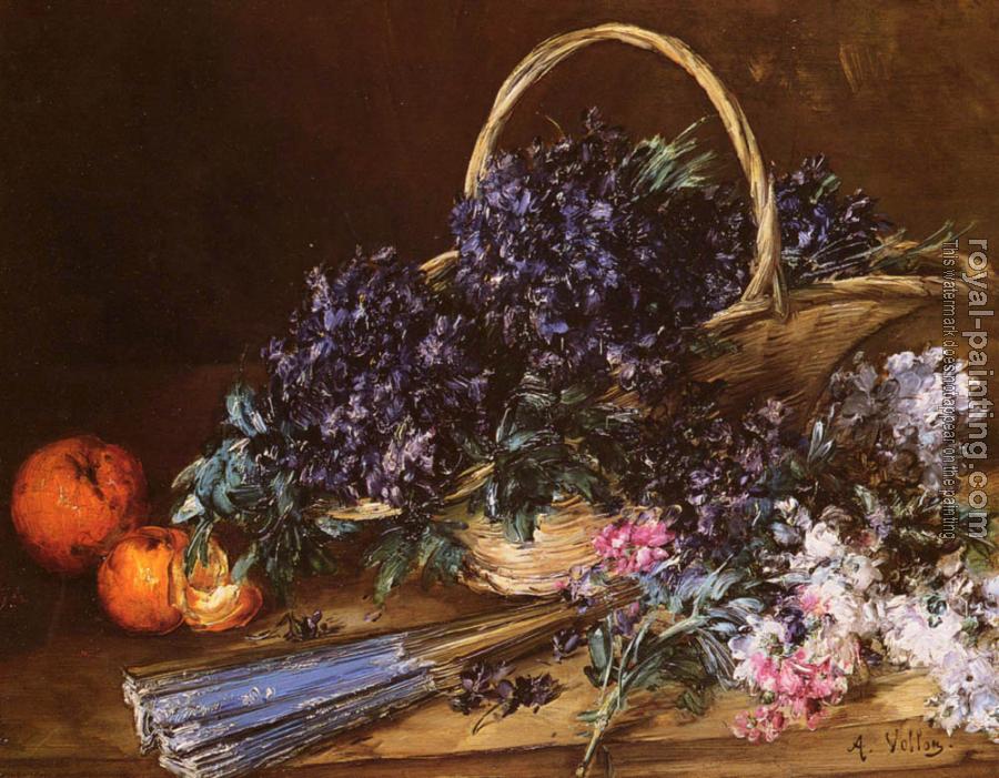 Antoine Vollon : A Still Life with a Basket of Flowers